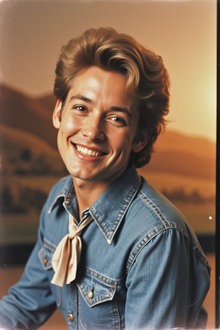 Close-up studio portrait of a 1970s country singer with feathered hair,  denim shirt,  bolo tie by Frazz99 on Tensor.Art