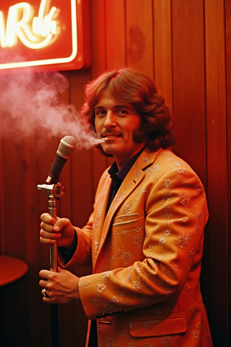 Medium shot of a charismatic 1970s country star performing under neon bar lights,  cigarette smoke drifting through the be...