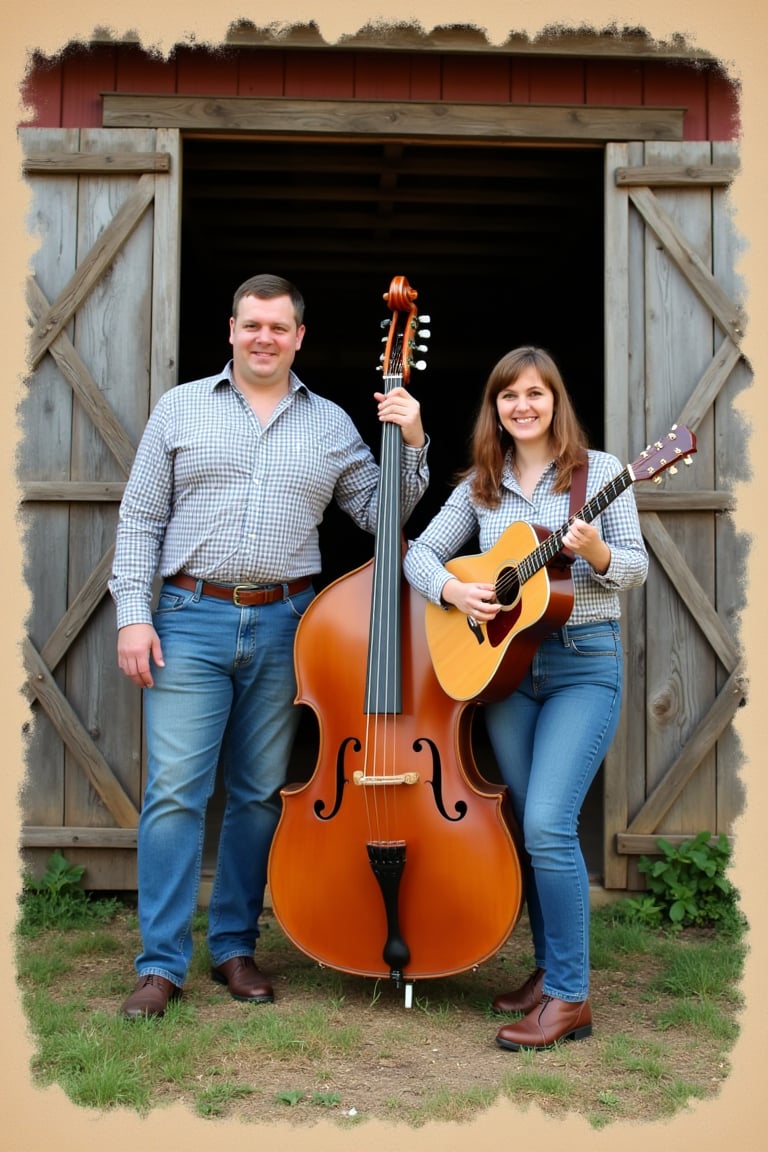 Medium-wide shot,  front-facing pose,  a duo or trio of 1950s country performers posing outside a weathered wooden barn. T...