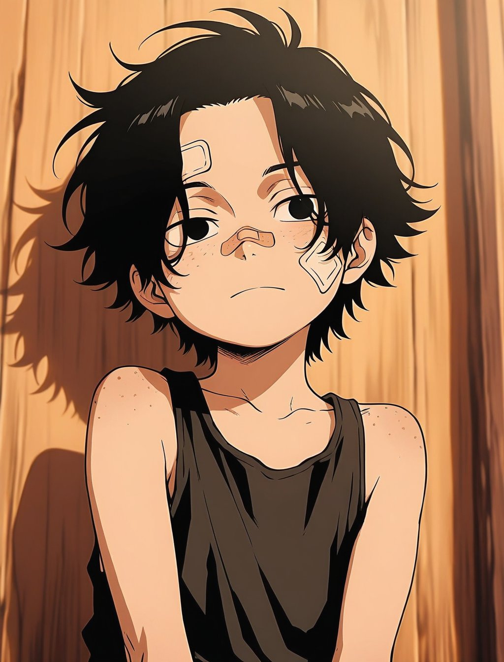 PortgasDAce,  solo 1boy male focus black hair aged down short hair child black eyes tank top bandaid freckles bandaid on f...