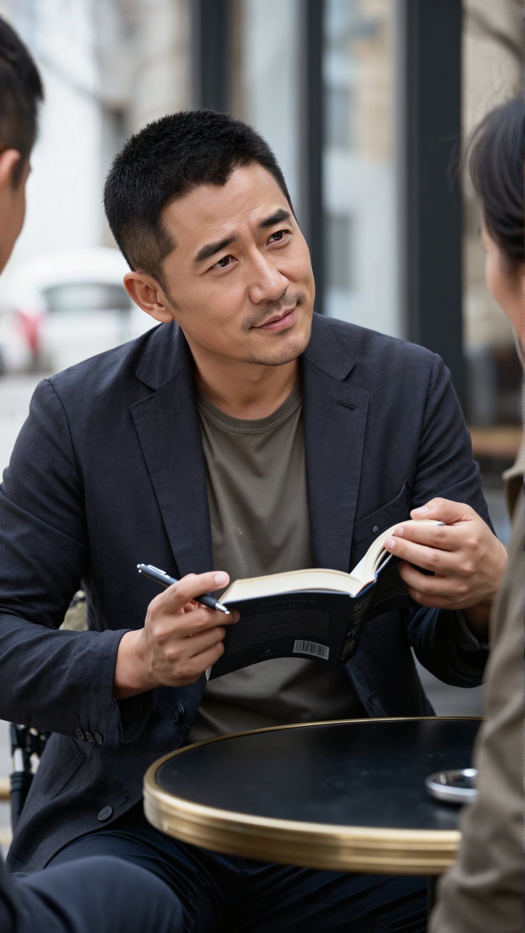 亚洲熟男,  A 37-year-old man with neat short hair,  dressed in a dark by 一起旅行 on Tensor.Art
