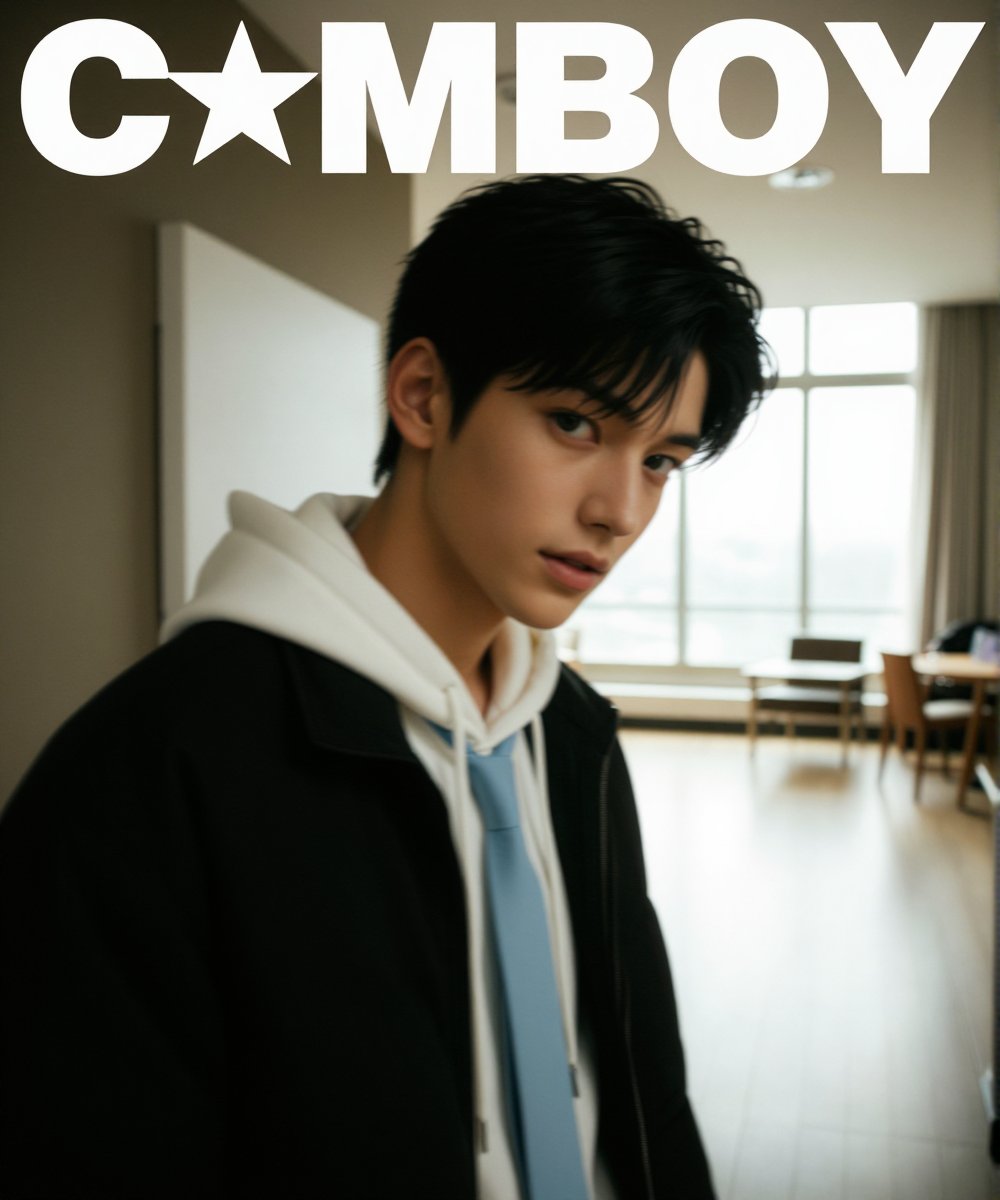 The image shows a boy wearing a black jacket over a white hoodie,  with a light blue tie visible underneath. The boy has s...