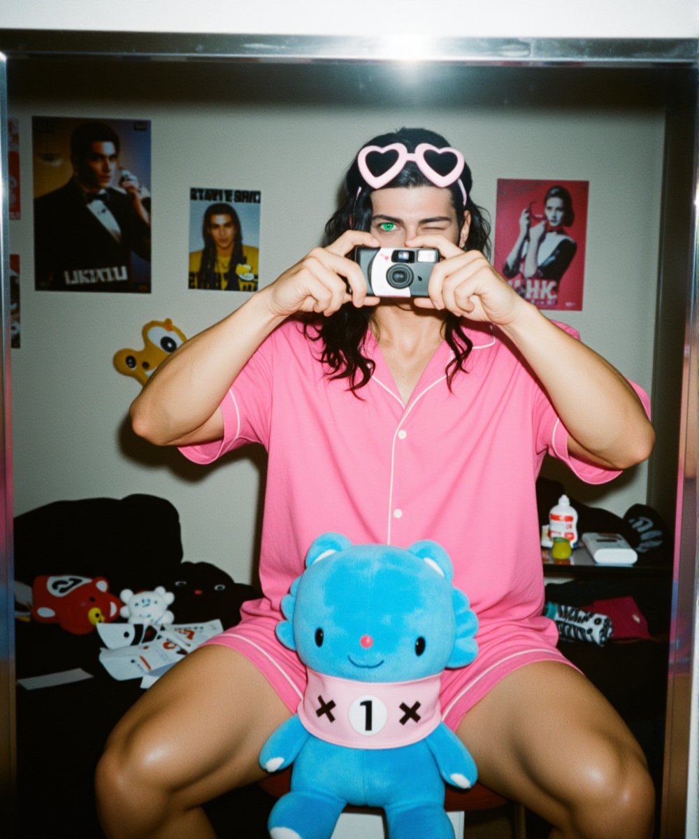Create a vibrant scene where a male with long hair,  adorned in a bright pink outfit with green eyes,  takes a picture usi...