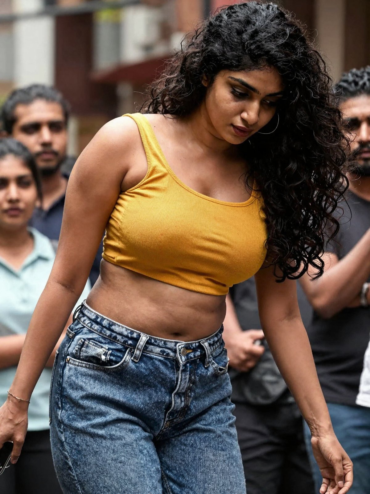 Cinematic mobile photo low angle pervert POV of tall South Asian woman,  fair skin,  very long wavy dark hair. Curvy busty...