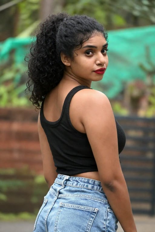 Photograph of a young woman with medium brown skin and curly black hair tied in a high ponytail standing outdoors. She is...