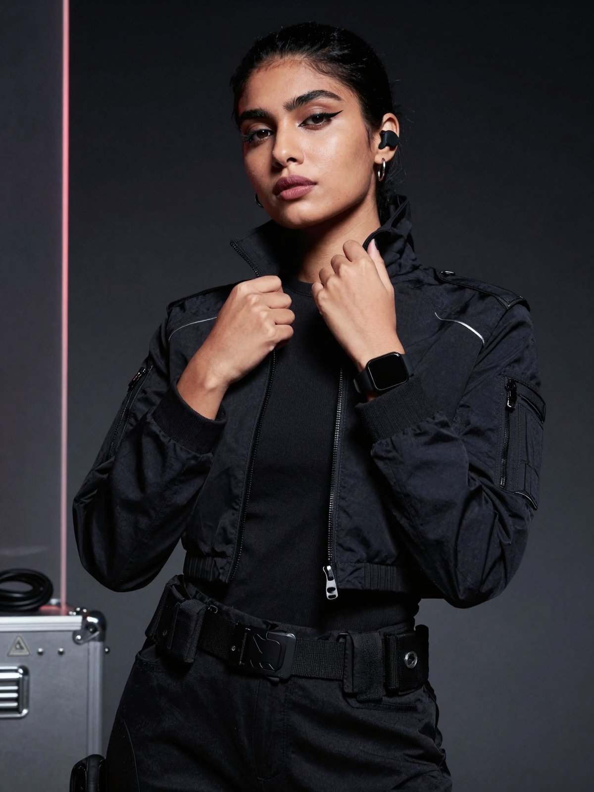 Close-up high-fashion editorial photoshoot portrait of a stunning south Asian woman in a cyberpunk-minimal tactical aesthe...