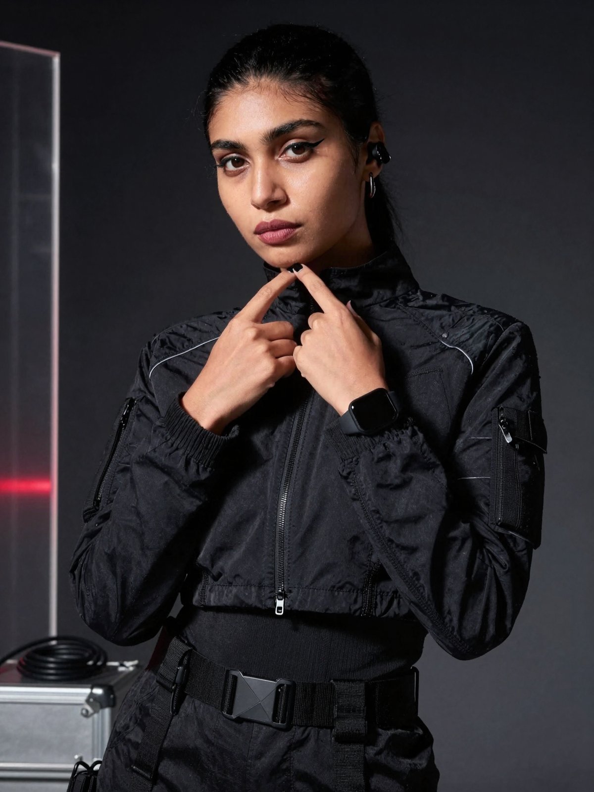 Close-up high-fashion editorial photoshoot portrait of a stunning south Asian woman in a cyberpunk-minimal tactical aesthe...