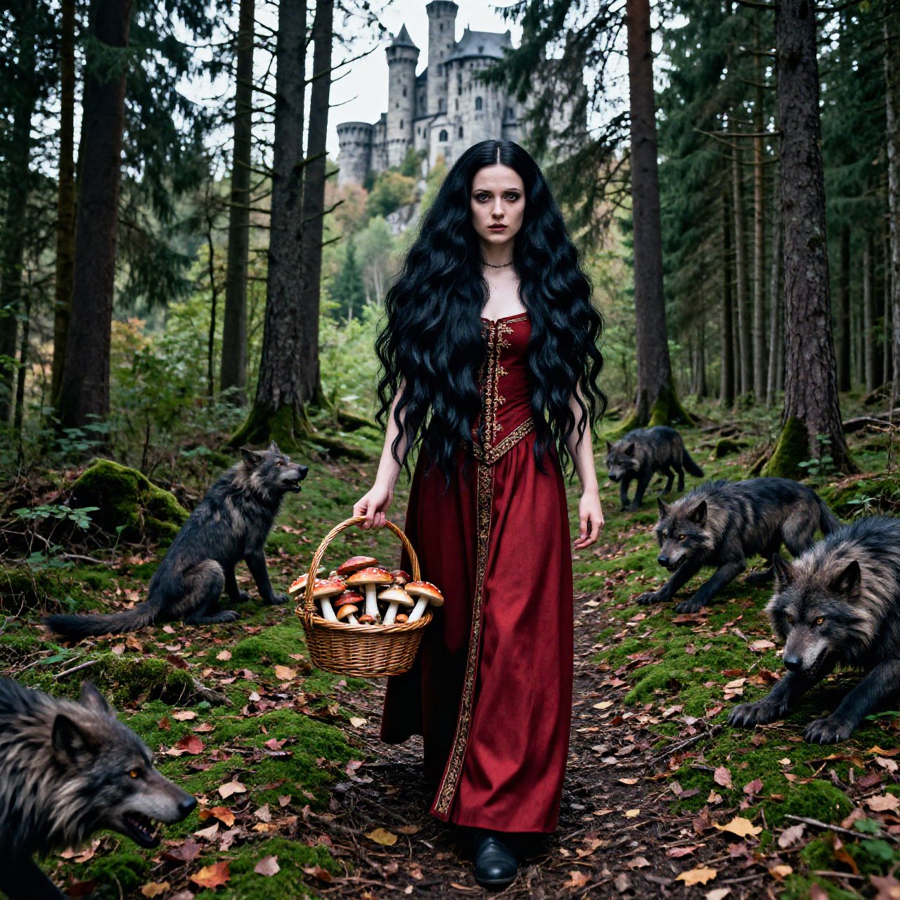 A 26yo hungarian female with long jetblack wavy hair,  in red medieval dress holding basket with mushrooms and werewolves...