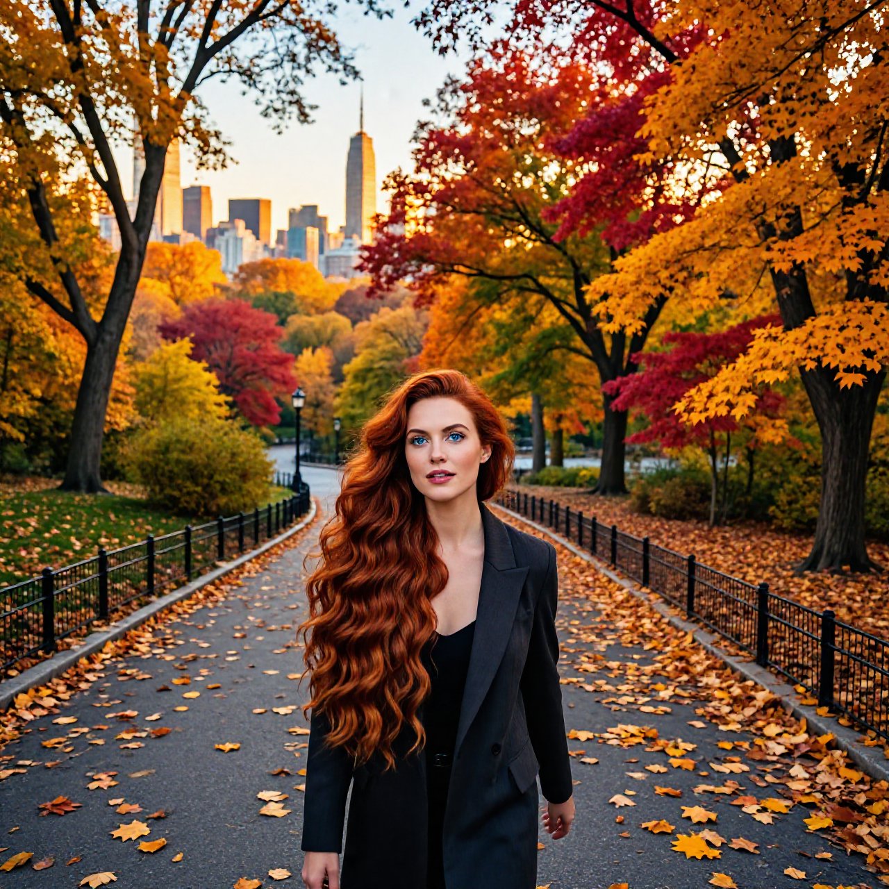 Create a scene of a woman with long wavy red hair and bright blue eyes walking through Central Park in autumn,  surrounded...