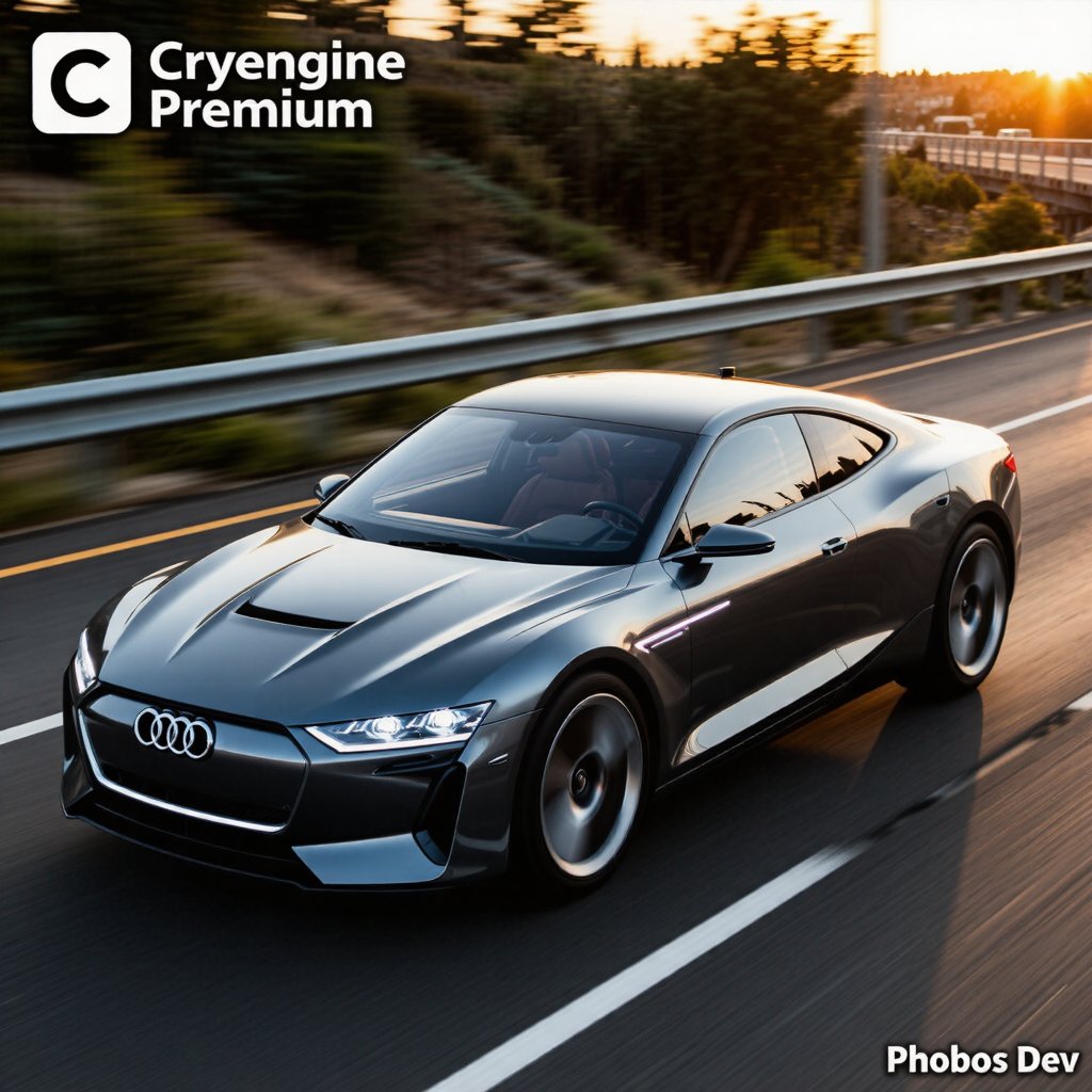 A professional dynamic panning shot of a futuristic Audi concept vehicle,  blending the low-slung aerodynamic design of a...