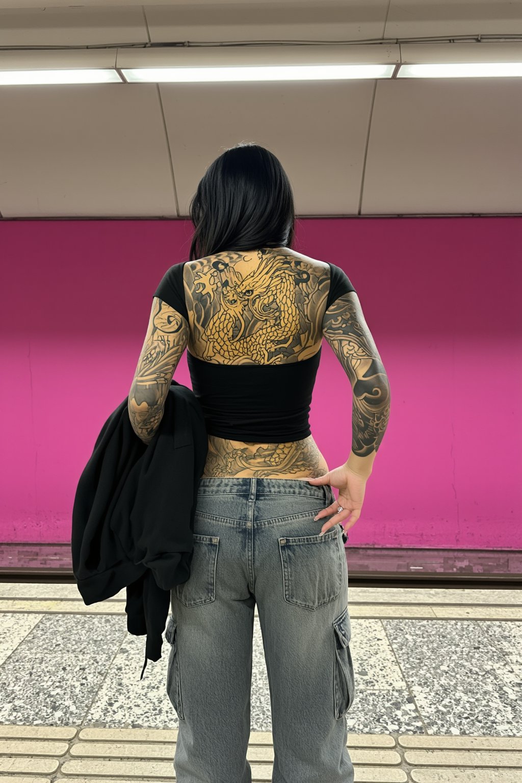 一位年轻女性背对镜头站立于地铁站台,  黑色中长直发垂至肩胛骨下方,  发尾略带自然弧度 by RAY3780 on Tensor.Art
