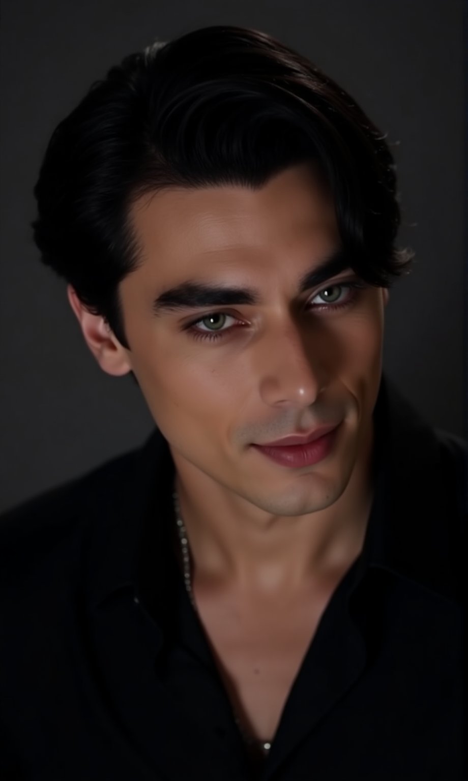 The image shows a person with neatly styled dark hair and a well-groomed face. The individual is wearing a black shirt and...