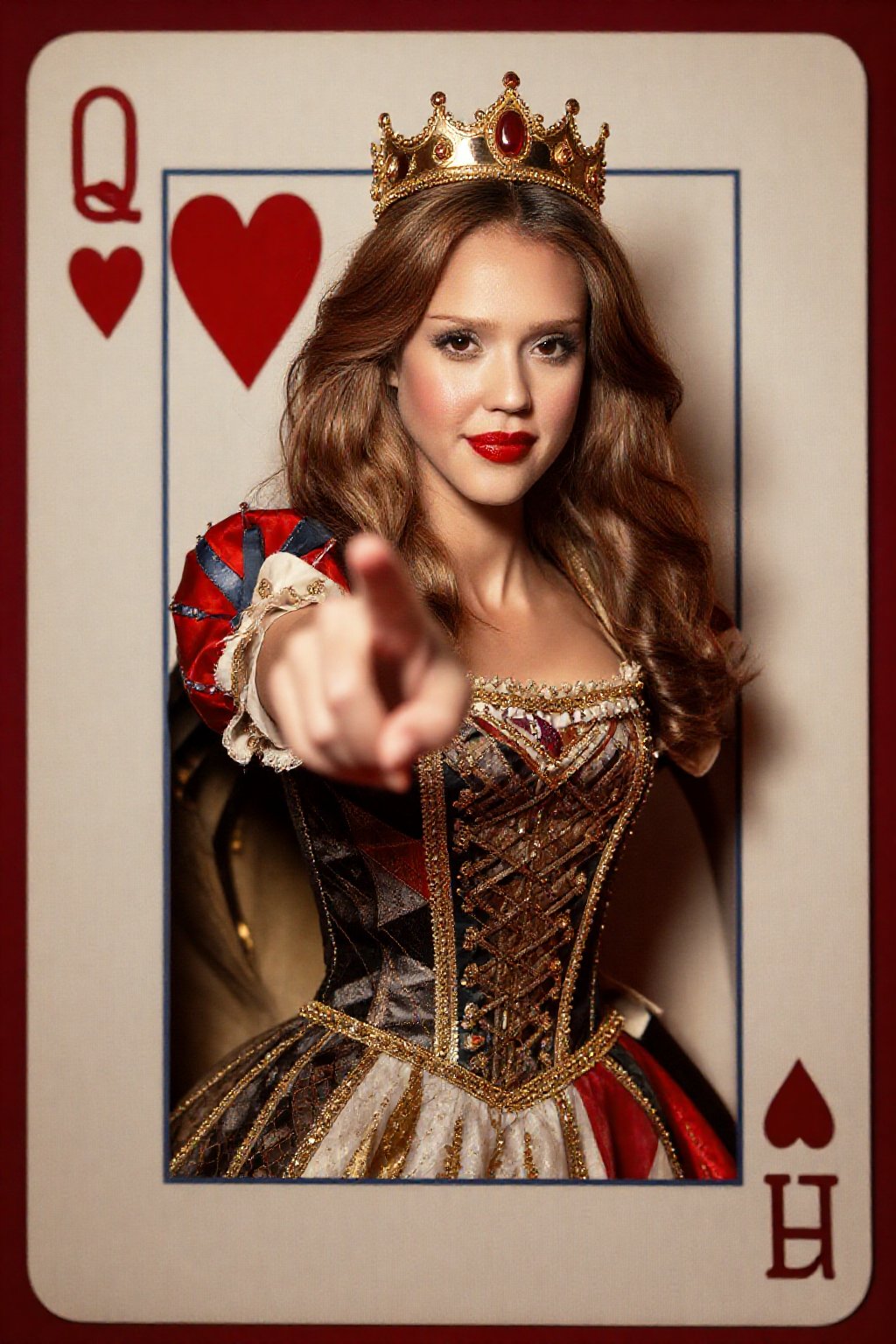 A masterpiece of surreal conceptual studio photography,  featuring a beautiful young woman as the Queen of Hearts,  seamle...
