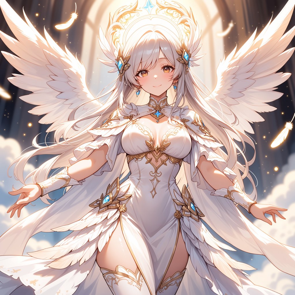 (white celestial dress,  feather decorations),  (pure smile by 🌻KEI🌻 on Tensor.Art