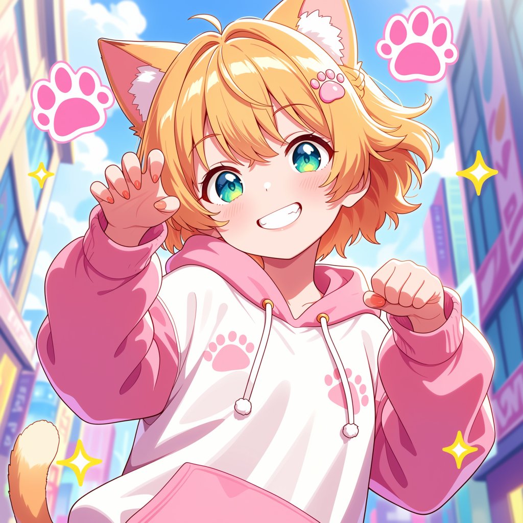 (cute oversized hoodie,  cat motifs),  (playful grin by 🌻KEI🌻 on Tensor.Art