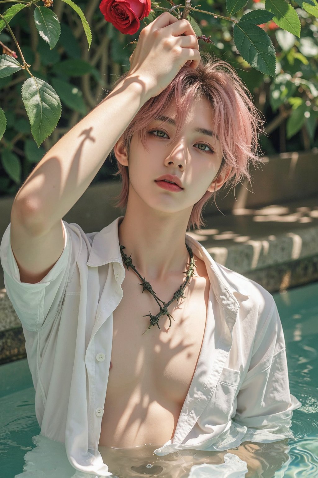 this digital anime-style artwork depicts a young man with messy pink hair and green eyes,  partially submerged in water,...