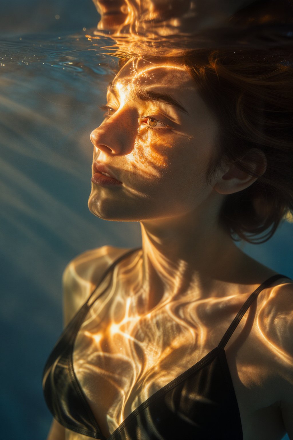 submerged,  a young woman floating in water whearing a simple black bikini,  with freckled face illuminated by cinematic l...