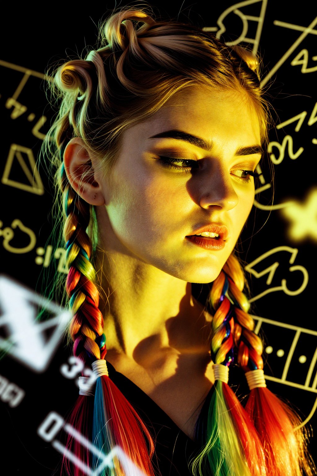 an intimate extreme close-up shot of IvyS a 20 years old girl,  neon-lit shadow as she stands center frame,  her cascading...