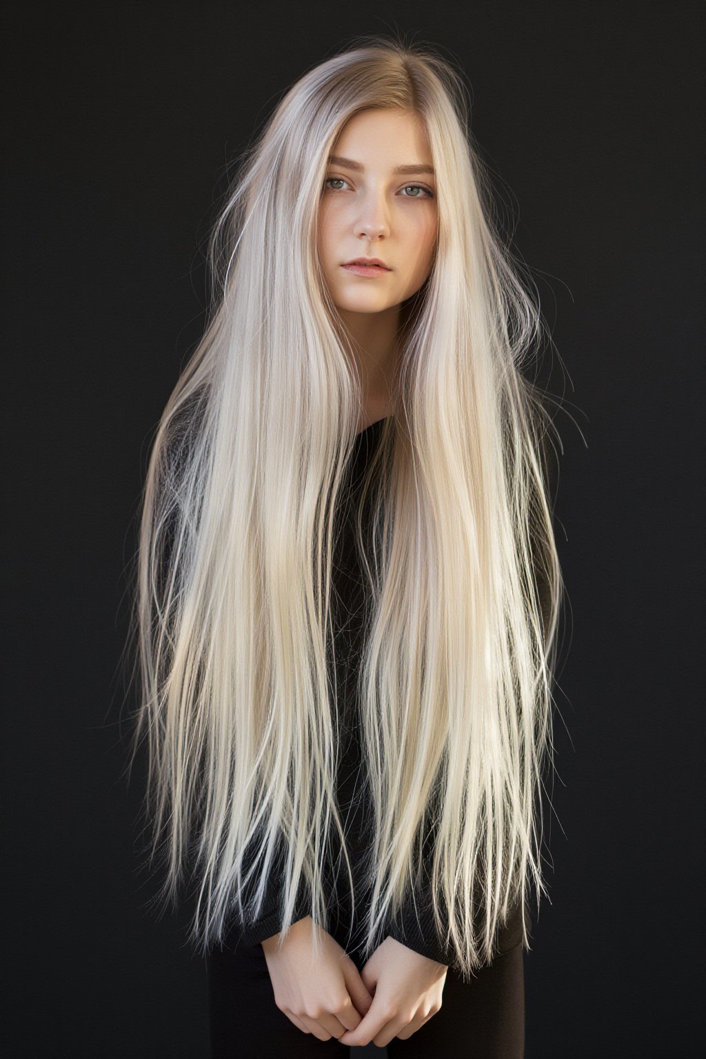 This is an artistic portrait of a single young woman with long,  unstyled platinum blonde tousled hair. The subject has a...