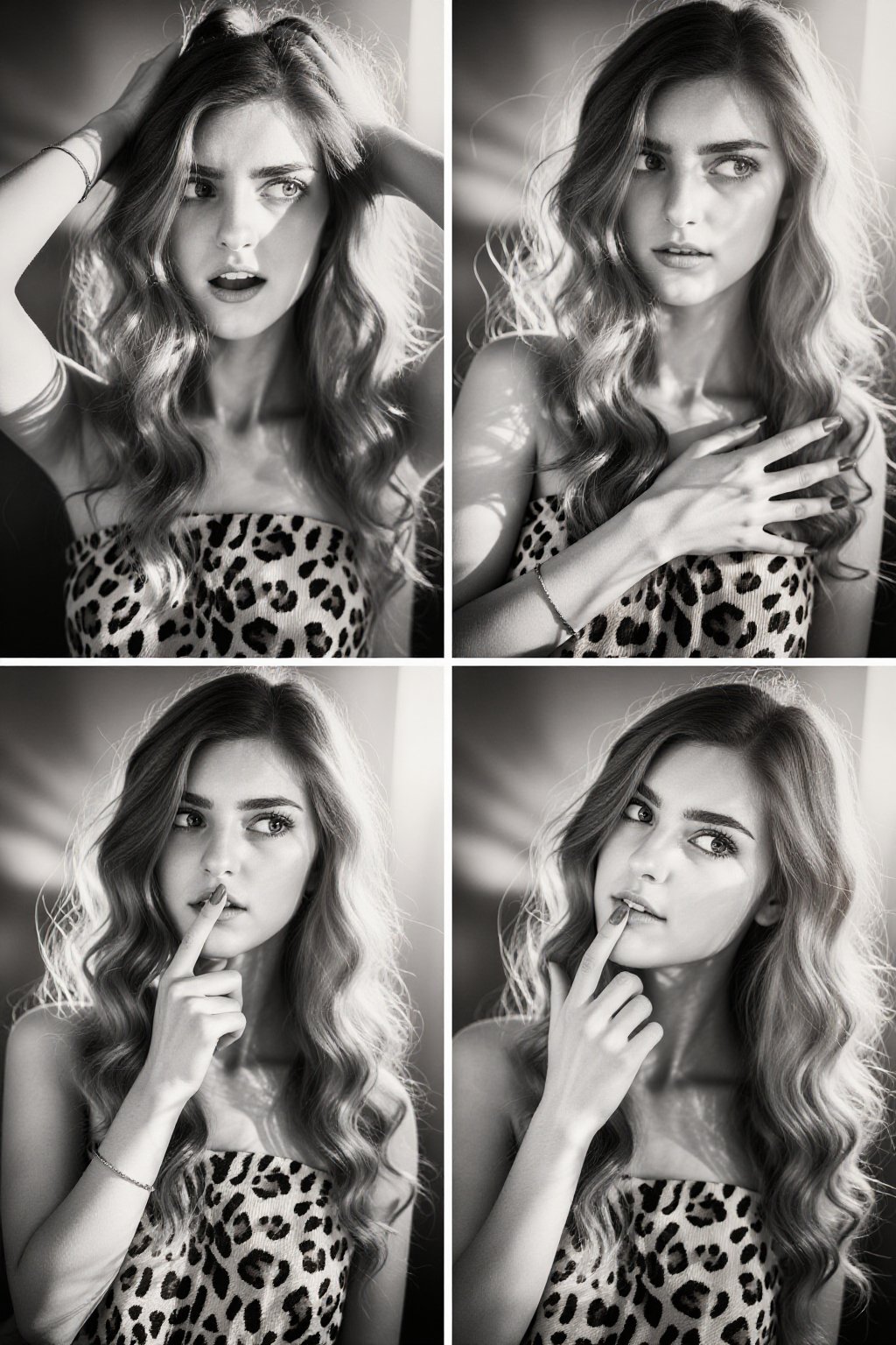 This black-and-white photograph collage features four close-up portraits of Ivys a young woman with long,  wavy hair and a...