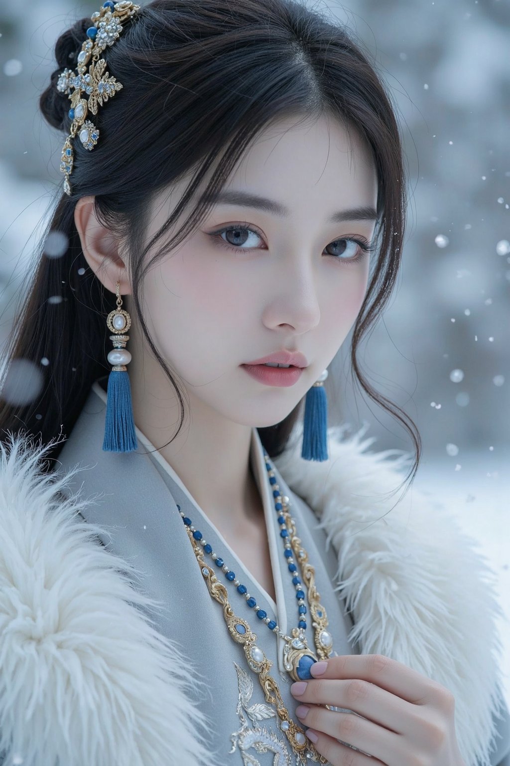 A peerless woman dressed in exquisite ancient-style attire occupies the main focus of the frame. The close-up camera zooms...