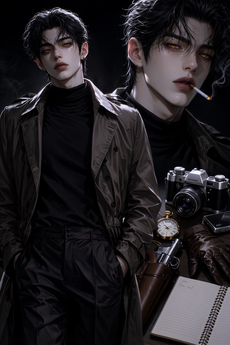 A mysterious private detective. Dark ash-grey hair slicked back,  golden eyes,  faint stubble by NorTH(ชื่อเหนือครับ) on T...