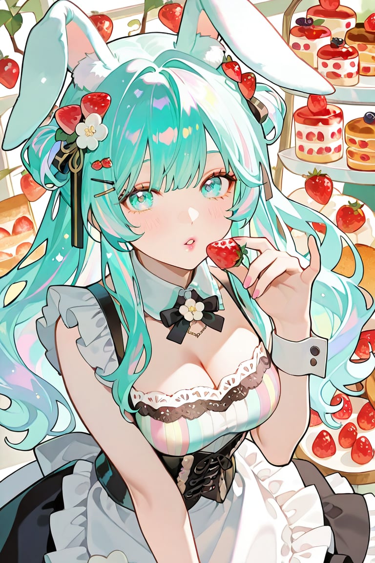An anime-style character with long teal hair and feline ears serves as the central focus,  adorned in a detailed maid outf...