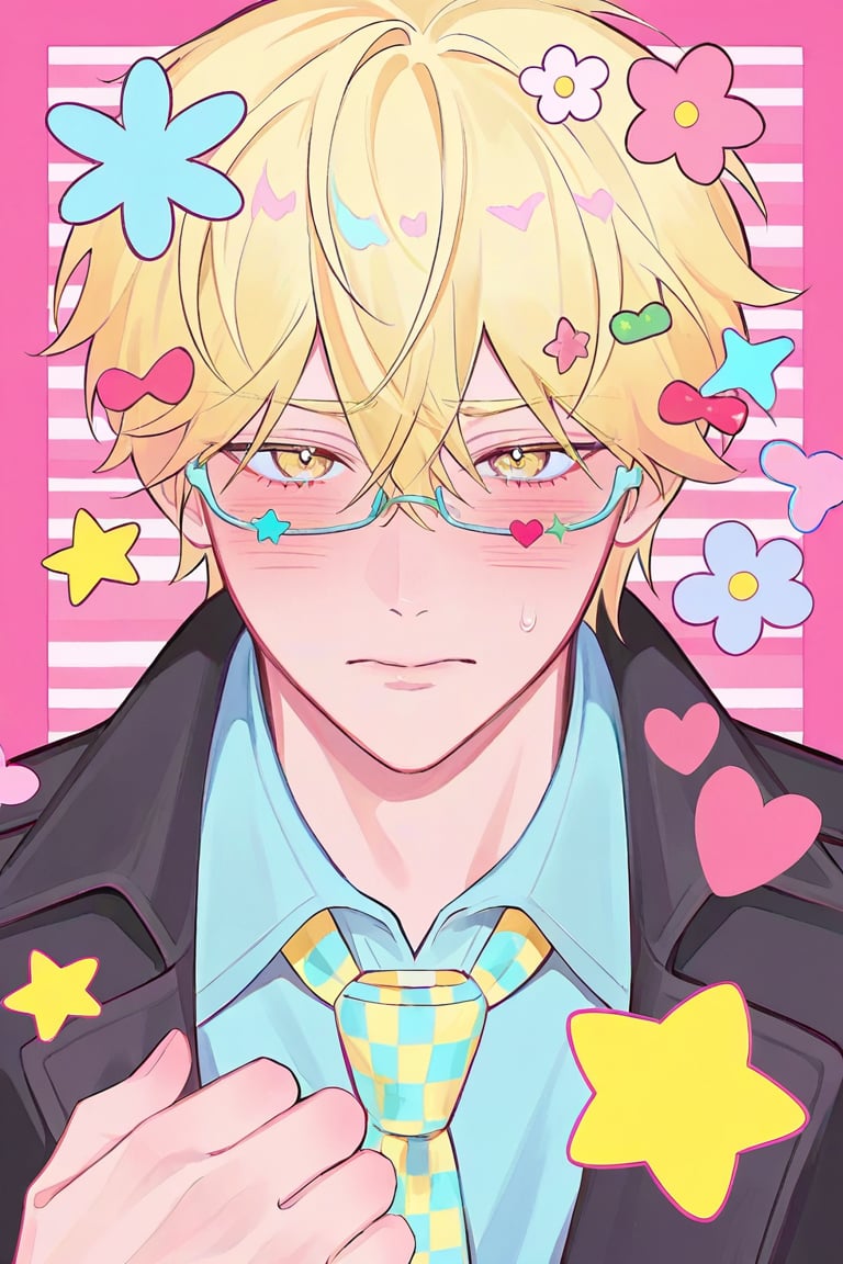 A young man with messy blonde hair and yellow eyes gazes forward with a slight blush. He wears thin-rimmed blue glasses,...