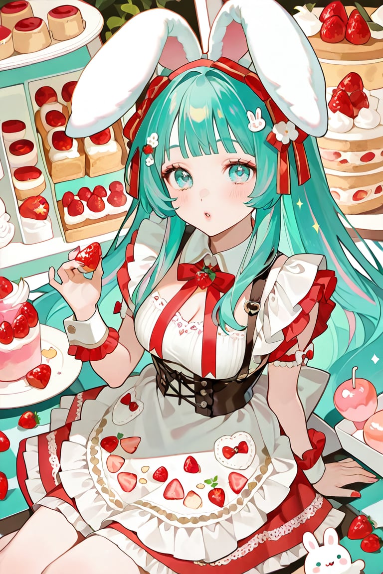 An anime-style character with long teal hair and feline ears serves as the central focus,  adorned in a detailed maid outf...