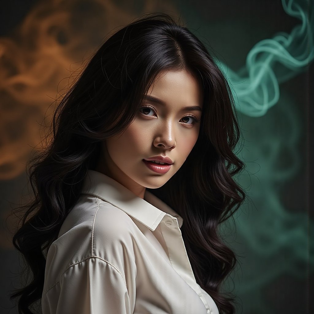 This image is an evocative,  high-definition picture of a breathtaking beautiful model captured in a low-light background....