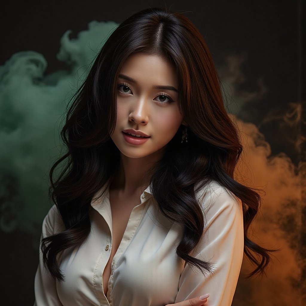 This image is an evocative,  high-definition picture of a breathtaking beautiful model captured in a low-light background....