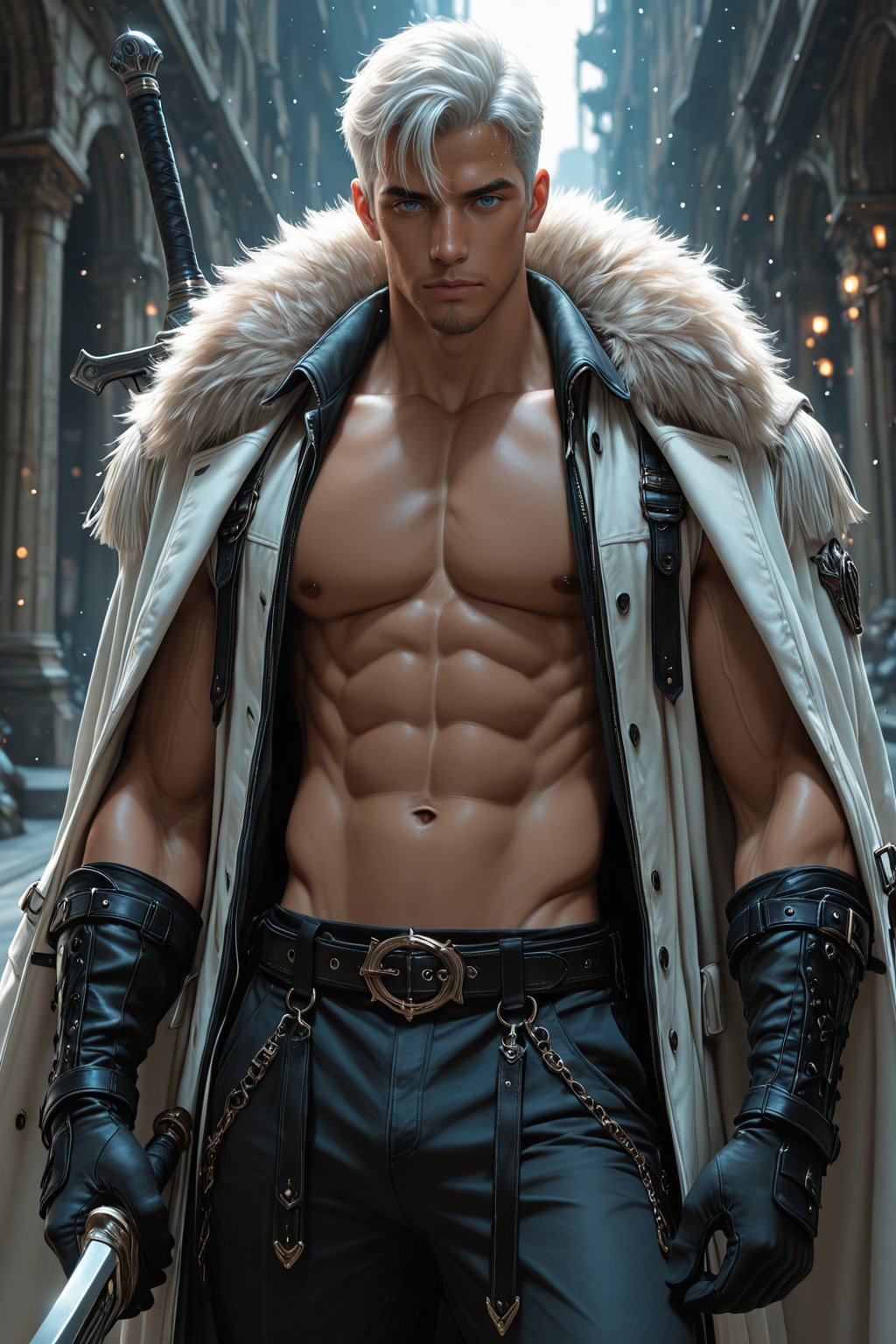......... solo looking at viewer short hair blue eyes simple background gloves 1boy white background navel holding hair be...