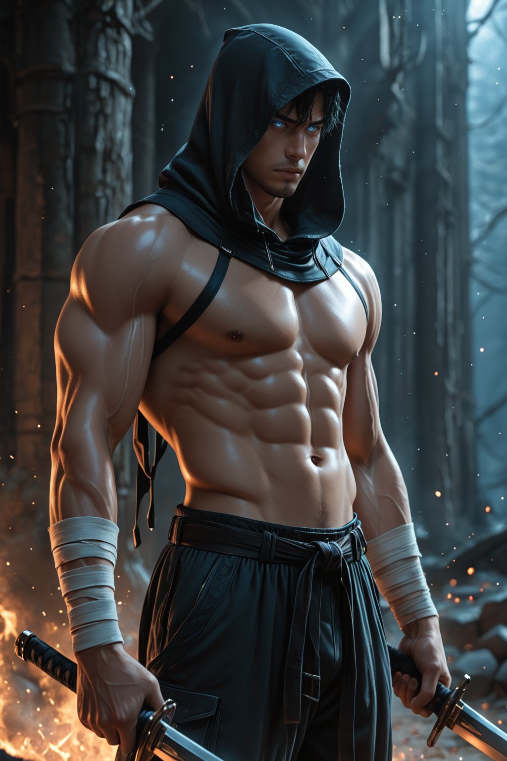 ......... ,  ,  black aura manhwa solo blue eyes black hair 1boy holding weapon male focus sword hood holding weapon glowi...