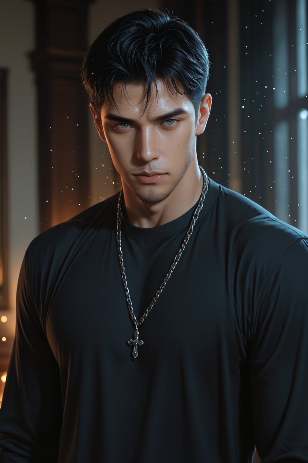 ......... solo looking at viewer short hair simple background shirt black hair 1boy white background jewelry closed mouth...