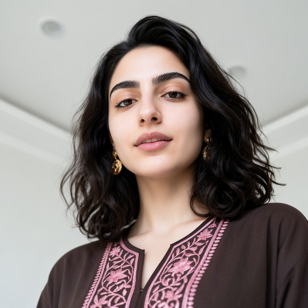 close up shot,  photograph of a Middle Eastern young woman with medium wavy dark hair,  pale fair skin by jarlbalgruuf on...