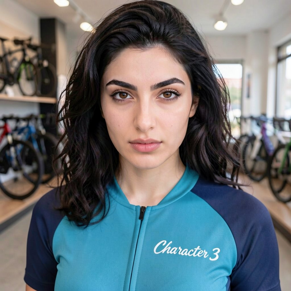 Close up shot,  photograph of a young woman with medium wavy dark hair,  pale fair skin. She is wearing teal cycling jerse...