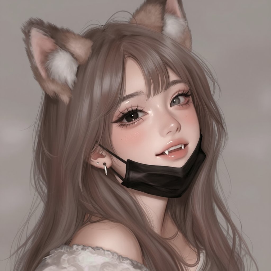 portrait of a girl with long wavy brown hair with white ends,  matching hair colour of animal ears (kemonomimi),  one eye...