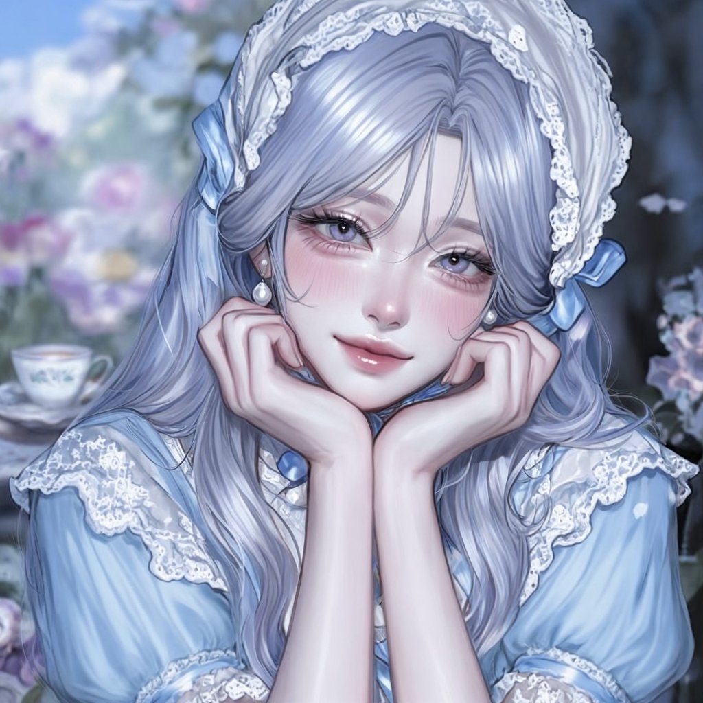 young woman with long silver-blue wavy hair tied loosely with satin ribbons,  soft porcelain skin,  lavender eyes by Nini...
