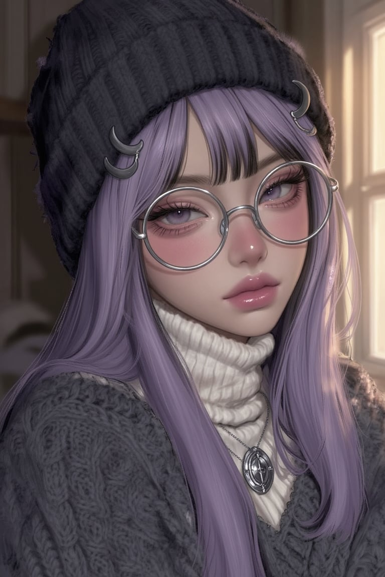 young woman with soft ivory skin,  dusty lavender hair with charcoal black underlayers,  fluffy curtain bangs peeking from...