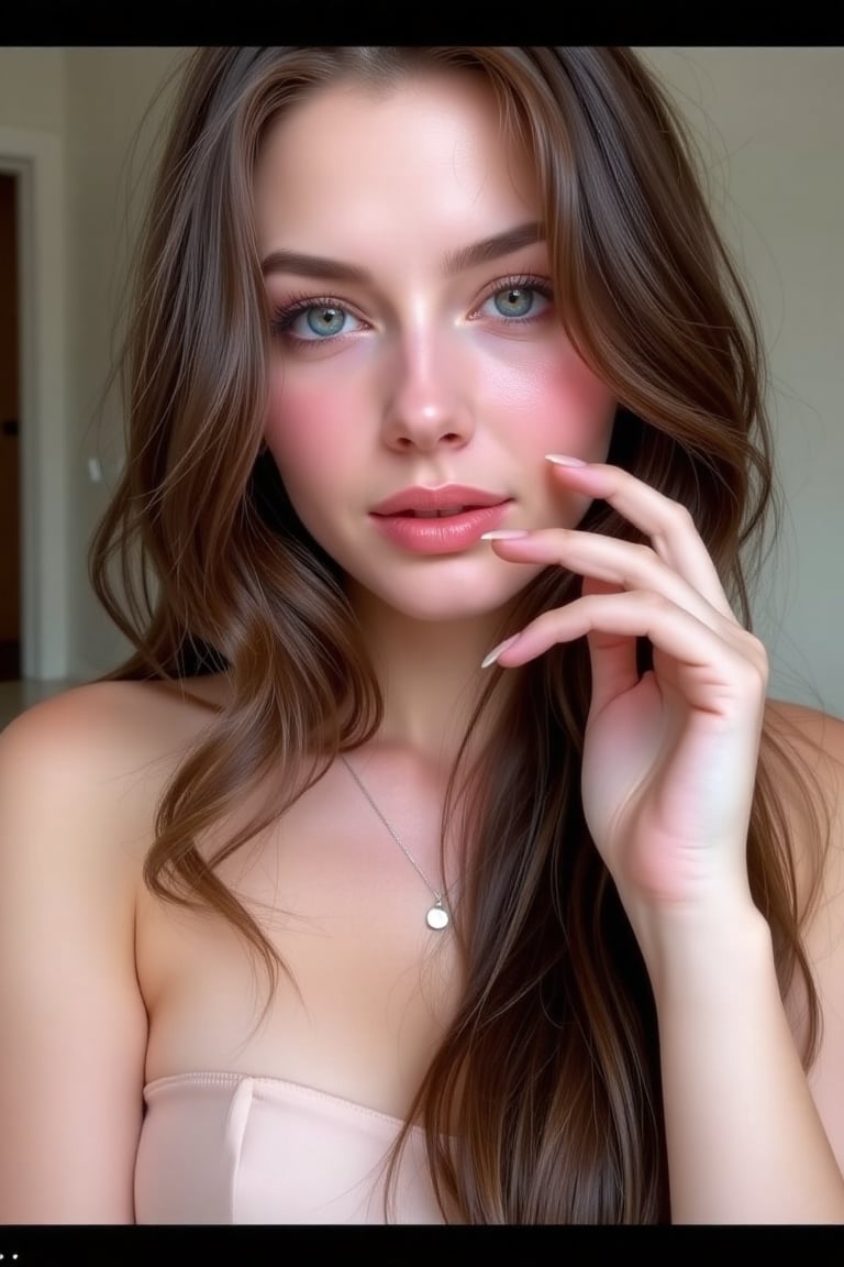 Create a realistic 8K photograph of a solo 1girl solo long hair breasts looking at viewer blue eyes brown hair upper body...