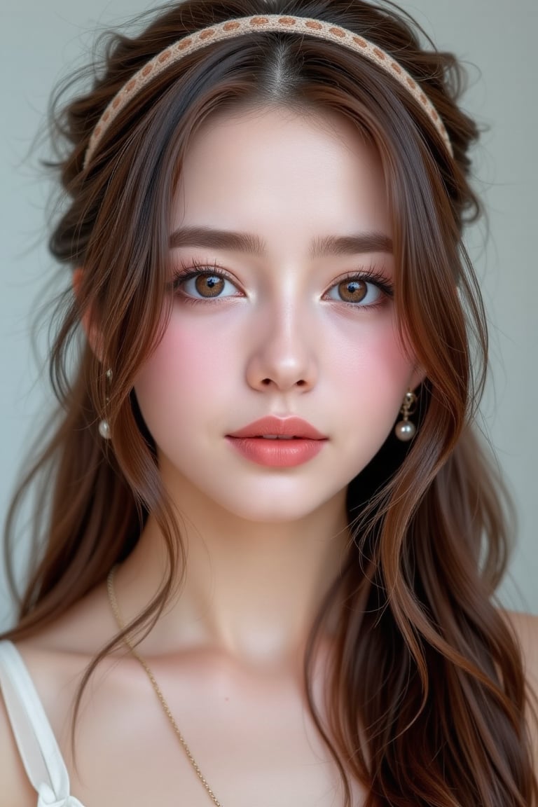 Create a realistic 8K realistic photography of a solo girl with long brown hair and brown eyes. She is looking directly at...