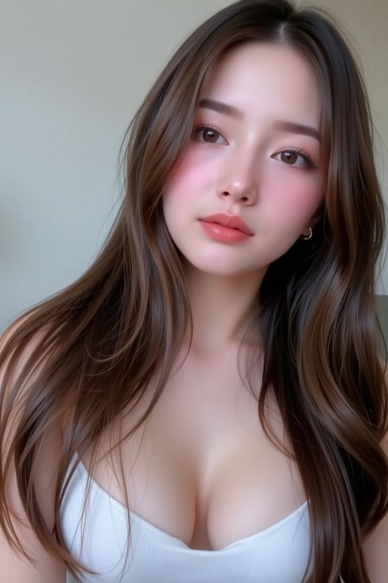 Create a realistic 8K photograph of a solo 1girl with long,  brown hair and black hair,  both styled naturally. She has br...