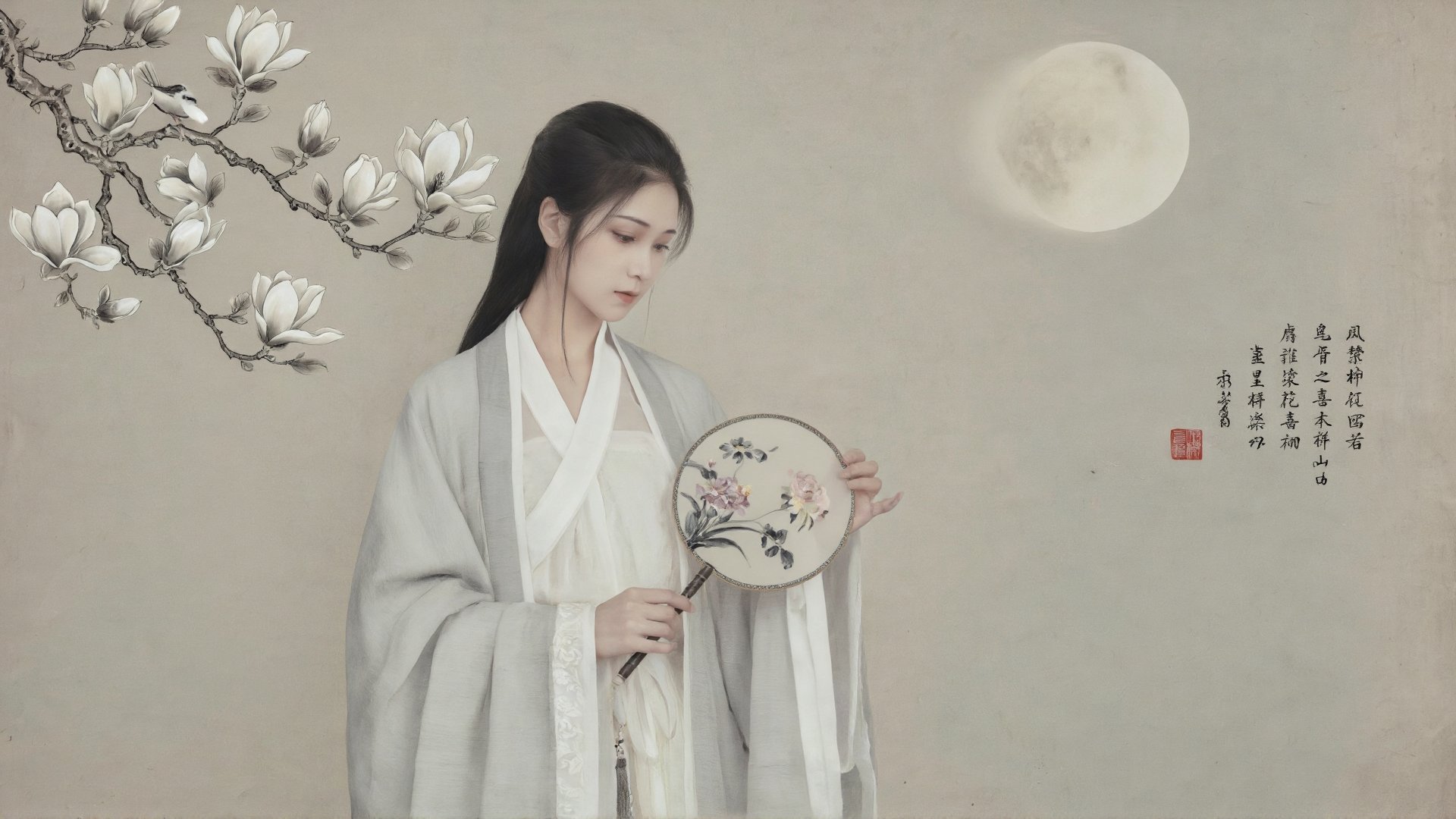 极简留白国风工笔人像,  清冷淡颜古装女子,  素白交领襦裙外罩浅灰外衫 by SUNSHINE on Tensor.Art