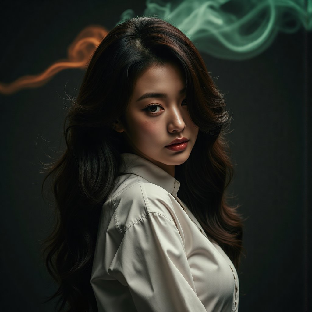 This image is an evocative,  high-definition picture of a breathtaking beautiful model captured in a low-light background....