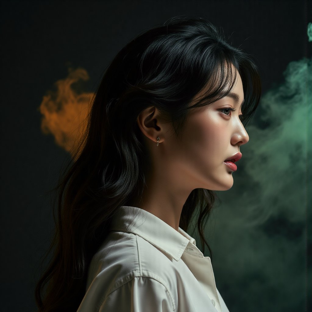 This image is an evocative,  high-definition picture of a breathtaking beautiful model captured in a low-light background....