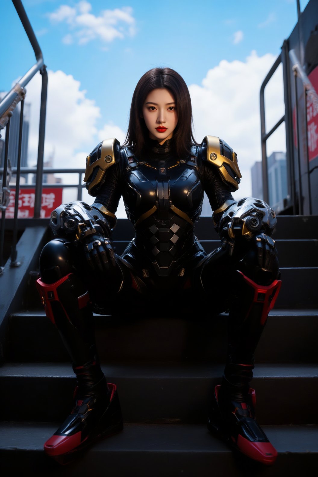照片中,  一位亚洲女性穿着未来派的合身装甲服,  坐在城市环境中的金属楼梯上。该套装为黑色 by 一念 on Tensor.Art