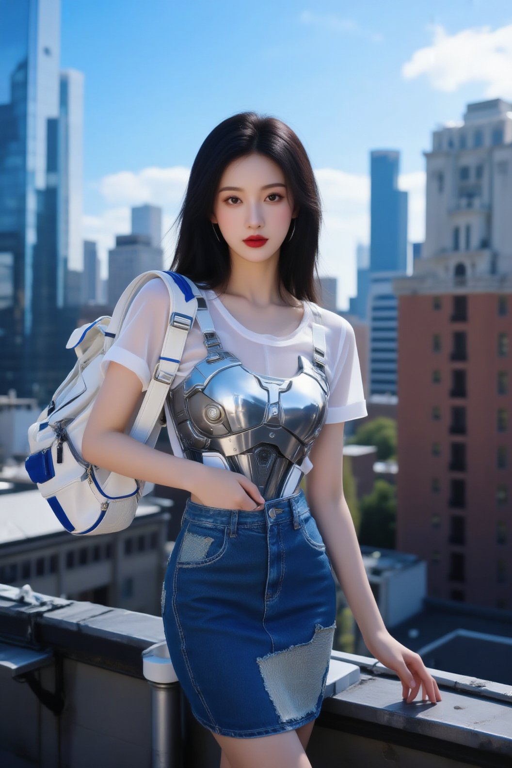 照片中,  一位亚洲女性站在屋顶上,  背景是城市景观 by 一念 on Tensor.Art