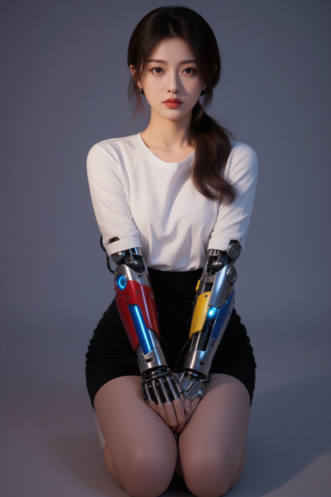 照片中的亚洲女性皮肤白皙,  深棕色头发扎成侧马尾辫,  妆容精致。她跪在地上 by 一念 on Tensor.Art