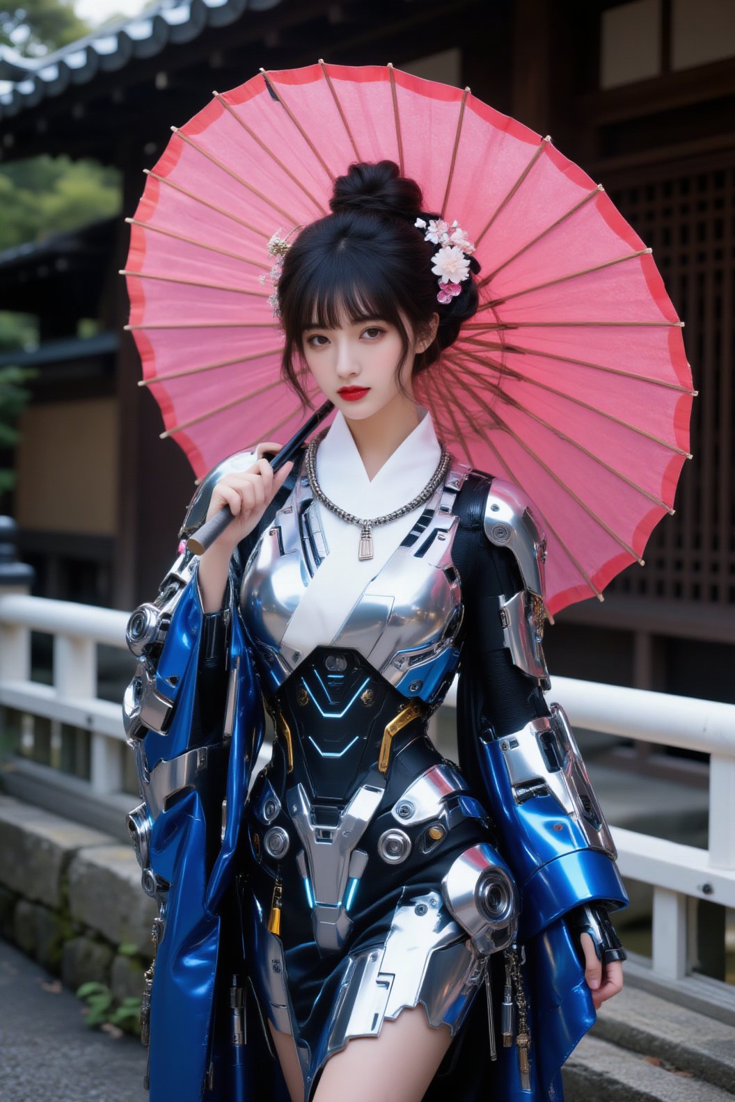 照片中,  一位年轻的东亚女性站在桥上,  手拿粉色纸阳伞。她穿着一件未来主义、赛博朋克风格的和服 by 一念 on Tensor.Art