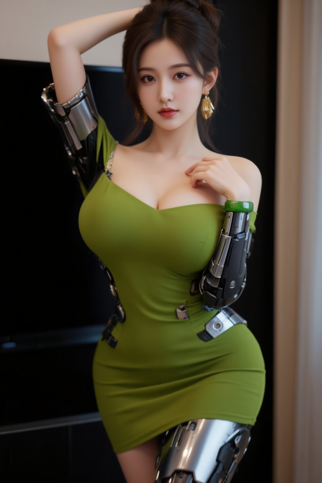 照片中是一位年轻的亚洲女性,  皮肤白皙,  头发盘成高髻。她穿着一件合身的露肩橄榄绿连衣裙 by 一念 on Tensor.Art